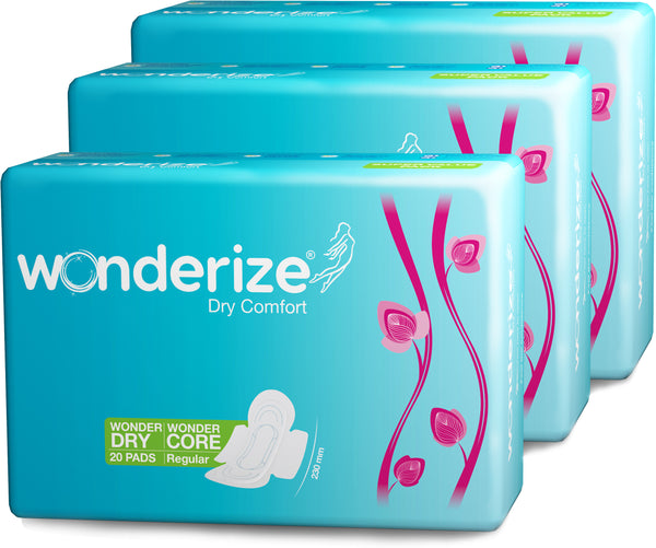 Wonderize Dry Comfort Sanitary Napkins for Women, 60 Pads (Combo of 3) Size Regular 230mm, Super Saver Pack