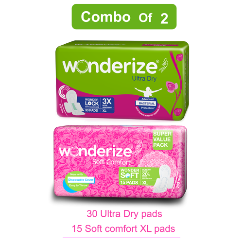 Wonderize Ultra Dry Anti Leak XL Sanitary Napkins with 3X Absorption for Heavy Flow (30 Pads) + Soft Comfort XL Size Cotton Sanitary Napkins for Normal Flow (15 Pads)