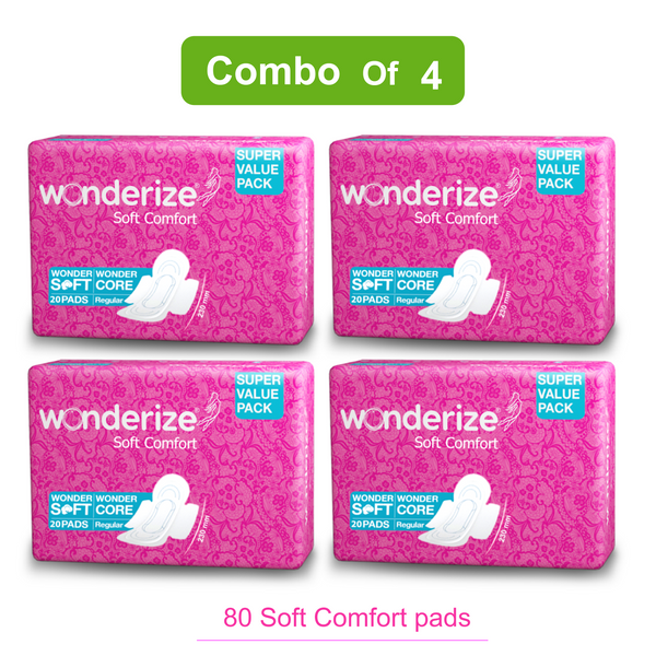 Wonderize Soft Comfort Cotton Sanitary Napkins - 80 Pads Regular size 230m  – (Combo of 4)