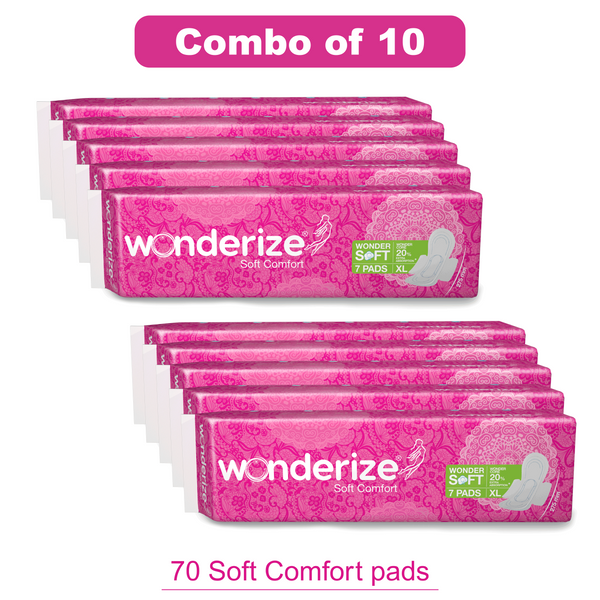 Wonderize Soft Comfort Cotton XL pads with Disposable Pouch - Combo Pack of 10 (70 pads)