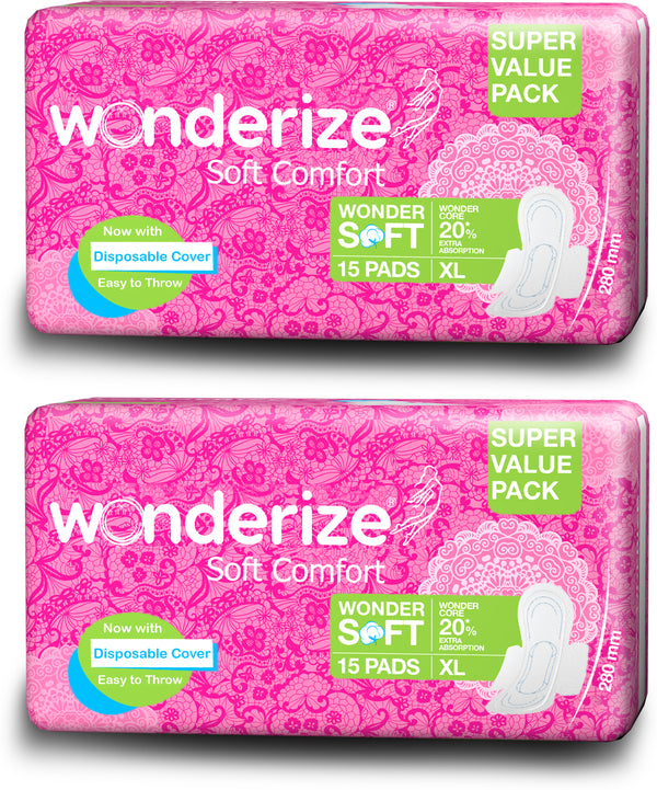 Wonderize Soft Comfort Cotton Sanitary Napkins For Women, 30 Pads (Combo of 2), Size - Extra Large with Disposable Bags, Super Saver Pack, Soft Cotton Topsheet for Extra Comfort and Rash Free Periods