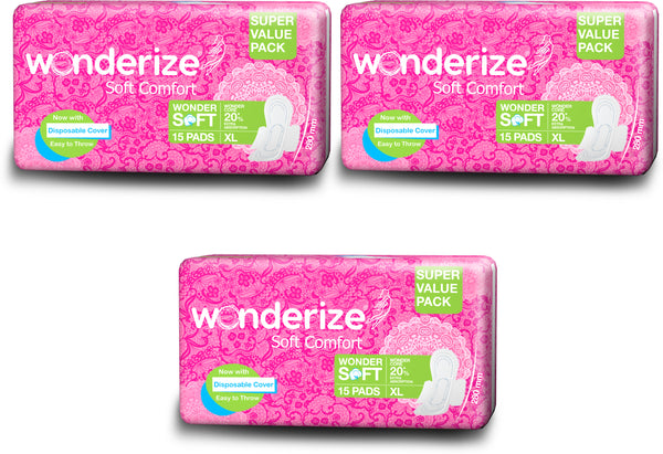 Wonderize Soft Comfort Cotton Sanitary Napkins For Women, 45 Pads (Combo of 3), Size - Extra Large with Disposable Bags, Super Saver Pack, Soft Cotton Topsheet for Extra Comfort and Rash Free Periods