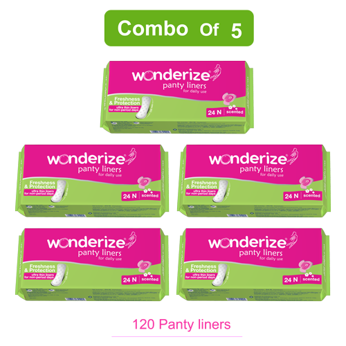Wonderize Panty Liners For Women - 120 liners (Combo of 5) -Ultra thin for daily use- Super soft cotton cover- Odour control system
