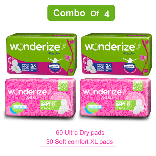 Wonderize Ultra Dry Anti Leak XL Sanitary Napkins with 3X Absorption for Heavy Flow (60 Pads) + Soft Comfort XL Size Cotton Sanitary Napkins for Normal Flow (30 Pads)