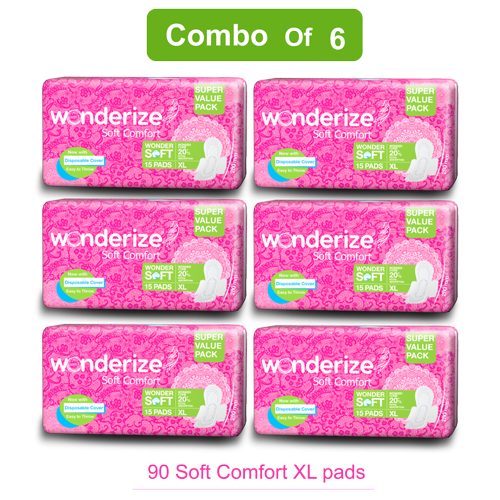 Wonderize Soft Comfort Cotton Sanitary Napkins For Women, 90 Pads (Combo of 6), Size - Extra Large with Disposable Bags, Super Saver Pack,Soft Cotton Topsheet for Extra Comfort and Rash Free Periods