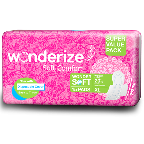 Wonderize Soft Comfort Cotton Sanitary Napkins For Women, 15 Pads, Size - Extra Large with Disposable Bags, Super Saver Pack,Soft Cotton Topsheet for Extra Comfort and Rash Free Periods