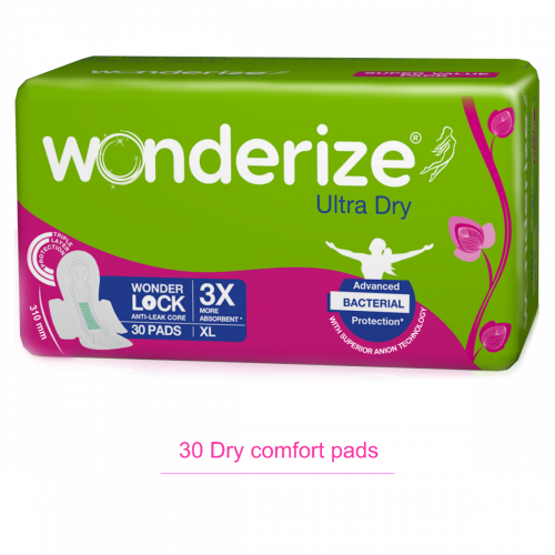 Wonderize Ultra Dry Anti Leak Sanitary Napkins for Women, 30 Pads, Size – XL 310mm, Super Saver Pack with Anti Bacterial Protection