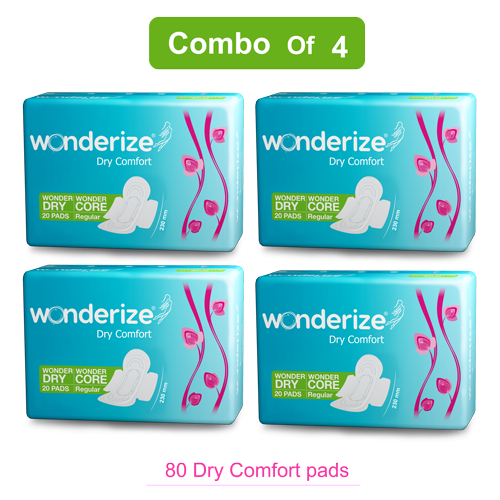 Wonderize Dry Comfort Sanitary Napkins for Women, 80 Pads (Combo of 4) Size Regular 230mm, Super Saver Pack