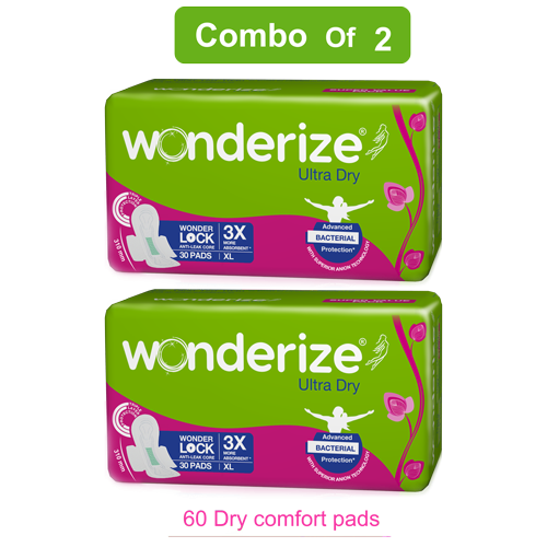 Wonderize Ultra Dry Anti Leak Sanitary Napkins for Women, 60 Pads (Combo of 2), Size – XL 310mm, Super Saver Pack with Anti Bacterial Protection