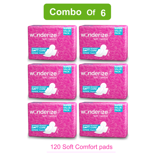 Wonderize Soft Comfort Cotton Sanitary Napkins - 120 Pads Regular size 230m  – (Combo of 6)
