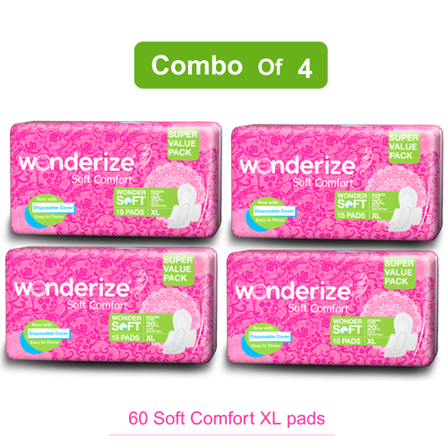 Wonderize Soft Comfort Cotton Sanitary Napkins For Women, 60 Pads (Combo of 4), Size - Extra Large with Disposable Bags, Super Saver Pack, Soft Cotton Topsheet for Extra Comfort and Rash Free Periods