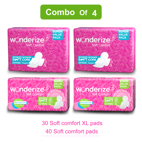 Wonderize Soft Comfort XL Sanitary Napkins for women(30 Pads) + Soft Comfort Regular Size Sanitary Napkins (40 Pads) - Super Saver Pack