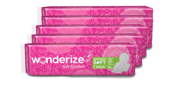 Wonderize Soft Comfort Cotton XL pads with Disposable Pouch - Combo Pack of 5 (35 pads)