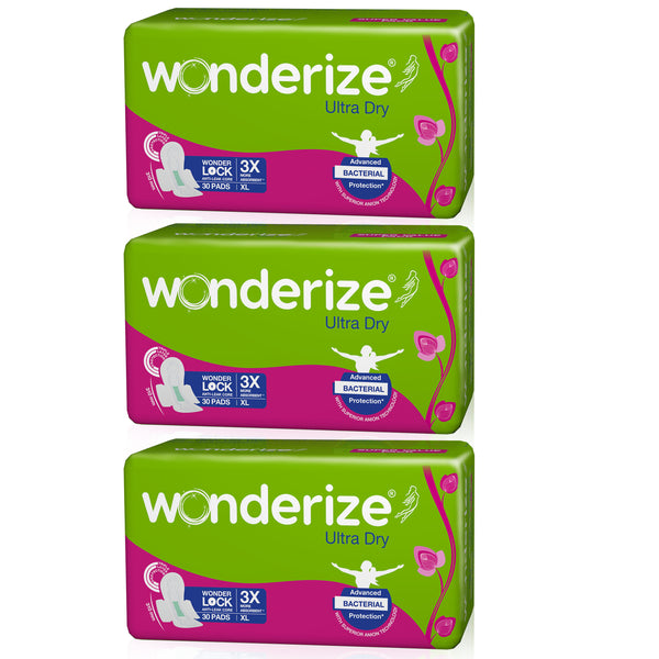 Wonderize Ultra Dry Anti Leak Sanitary Napkins for Women, 90 Pads (Combo of 3), Size – XL 310mm, Super Saver Pack with Anti Bacterial Protection