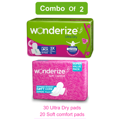 Wonderize Ultra Dry Anti Leak XL Sanitary Napkins with 3X Absorption for Heavy Flow (30 Pads) + Soft Comfort Regular Size Cotton Sanitary Napkins for Normal Flow (20 Pads) - Super Saver Combo Pack